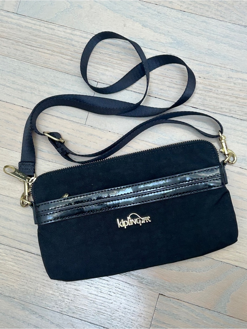 Kipling Black Crossbody with Patent Trim and Gold Accents | Adjustable Strap